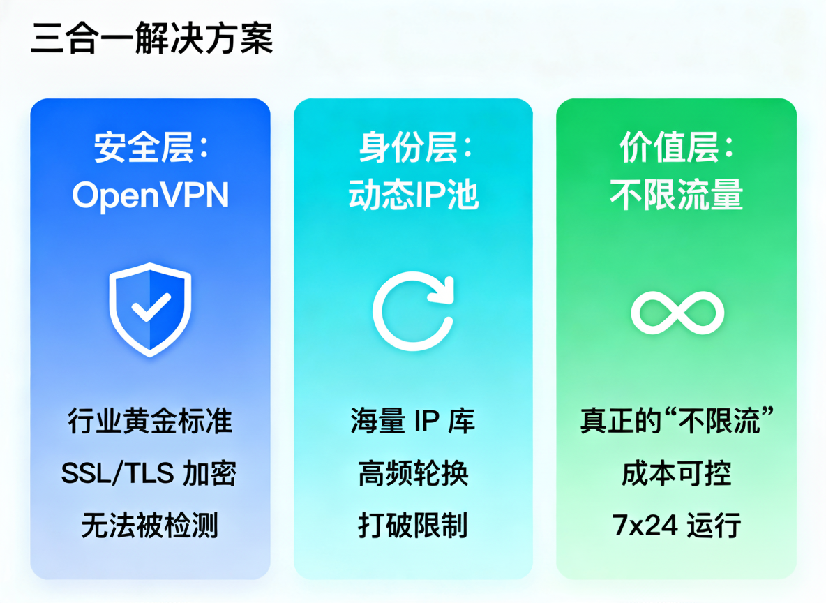 一张图表，显示 OpenVPN、动态IP 和 不限流量三个特性叠加