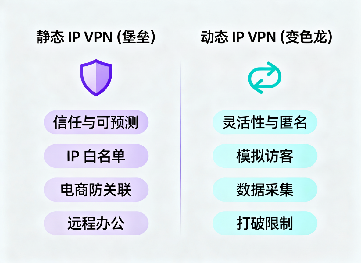 静态IP (堡垒) vs 动态IP (变色龙) 的对比信息图